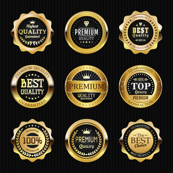 Collection of black top quality badges with gold border - Vektor, kép