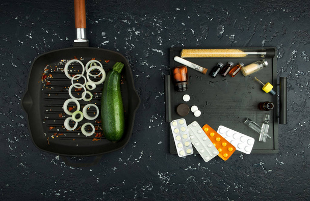 Fresh zucchini, spices and drugs on the board. View from above. Copy space - Fotoğraf, Görsel
