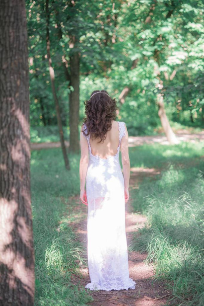 Attractive young girl in a long white dress with a beautiful hairstyle in a summer park - Φωτογραφία, εικόνα