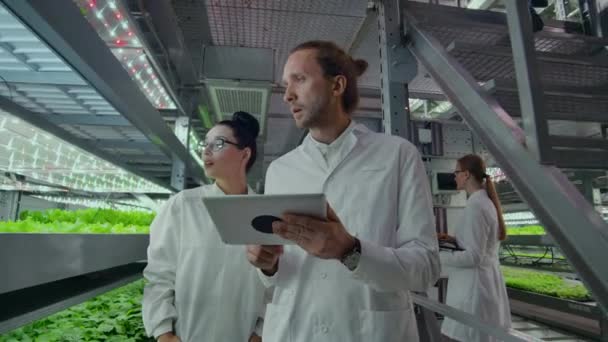 Microbiologie in witte jassen gaan op een moderne boerderij met laptops en tablets bestuderen van de resultaten van tests en het verzamelen van monsters voor de studie van nieuwe soorten planten. - Video
