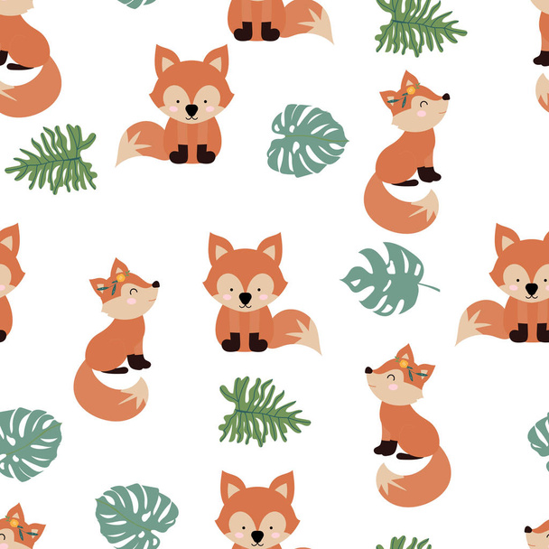 Cute safari background with fox, leaves.Vector illustration seaml
 - Вектор,изображение