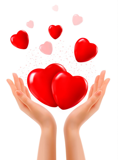 Holiday background with two hands and red hearts. Vector - Vettoriali, immagini