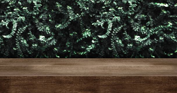 dřevěný stůl s zelenou listovou stěnou na pozadí studia. tmavě hnědý Woo - Fotografie, Obrázek