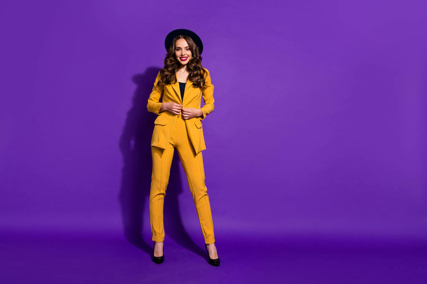 Full length body size view of her she nice-looking gorgeous attractive lovable lovely cheerful cheery content wavy-haired lady posing isolated over bright vivid shine violet lilac background - Fotó, kép