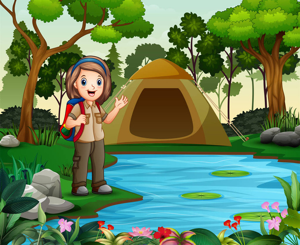 Scout girl on outdoor with tent and backpack - Vector, Image