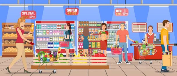 Ihmiset ostoksilla supermarketissa
 - Vektori, kuva