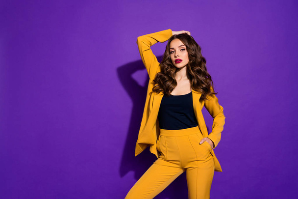 Photo of flawless chic woman whom no man can approach being isolated with purple background - Фото, изображение