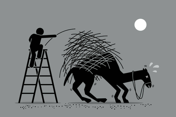 The last straw that breaks the camel back. Vector artwork depicts a man putting one a straw to an already overburdened camel back. Concept depicts overworked, pressure, and final tolerable event.  - Vector, Image