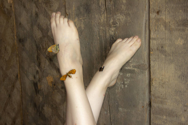 beautiful legs raised up. Butterflies are sitting on their feet. Lightness of legs. - Zdjęcie, obraz