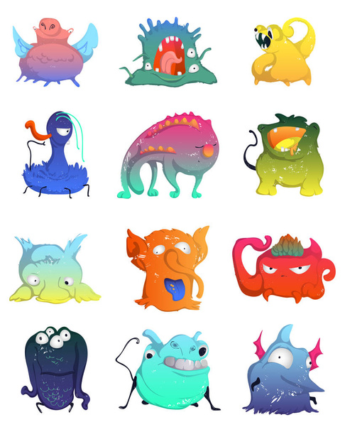 Cute monsters set. Funny fantasy characters collection. Design concept elements for print, poster, wallpaper. Isolated objects on white background. Colorful vector illustration - Vector, Image