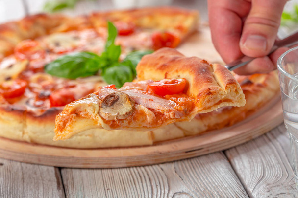 Delicious fresh pizza served on wooden table - Fotografie, Obrázek