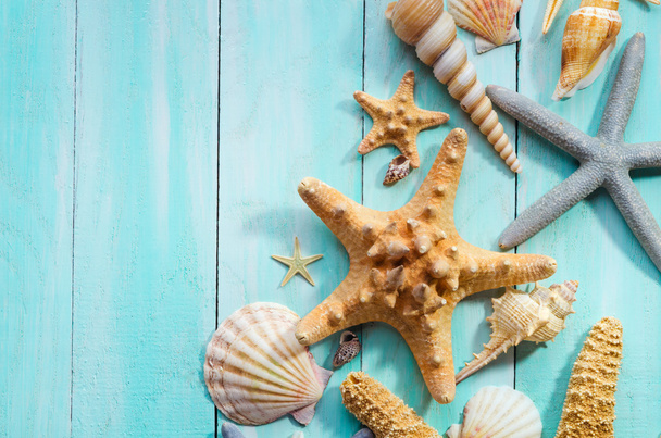 Seashells over wooden background - Фото, зображення