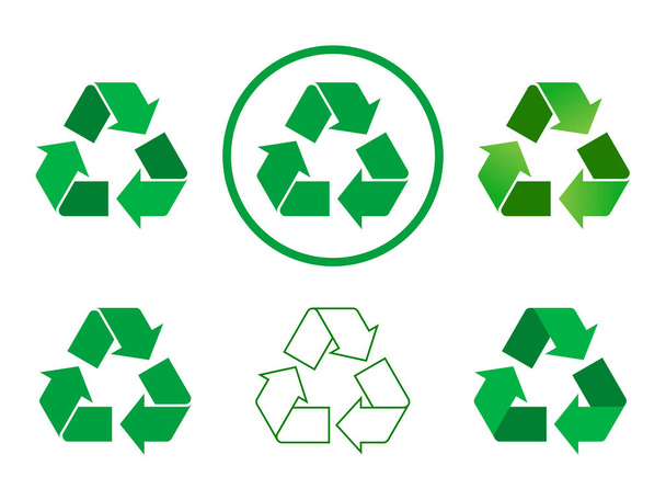Reciclar signo establecido en el fondo blanco. Colección de iconos de reciclaje verde diferentes. Seis variaciones de verde reciclar símbolo con todo color, gradiente y contorno. Ilustración vectorial, estilo plano, clip art
.  - Vector, imagen