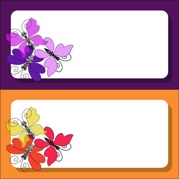 Cornice decorativa con farfalle per inviti, biglietti, congratulazioni. Sfondo viola-rosa e giallo-arancio
. - Vettoriali, immagini