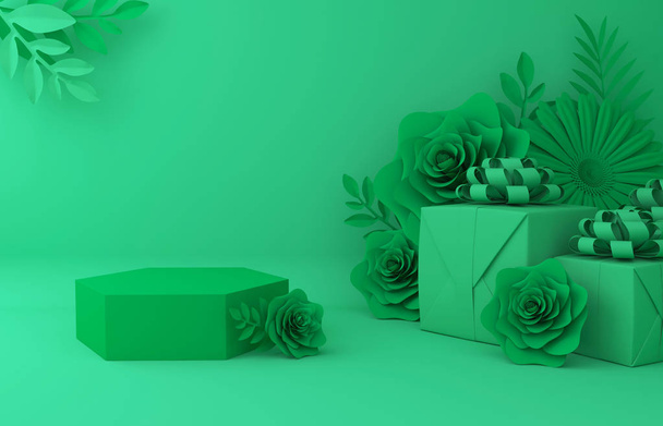 Display background for Cosmetic product presentation. Empty showcase, 3d flower paper illustration rendering. - Photo, Image