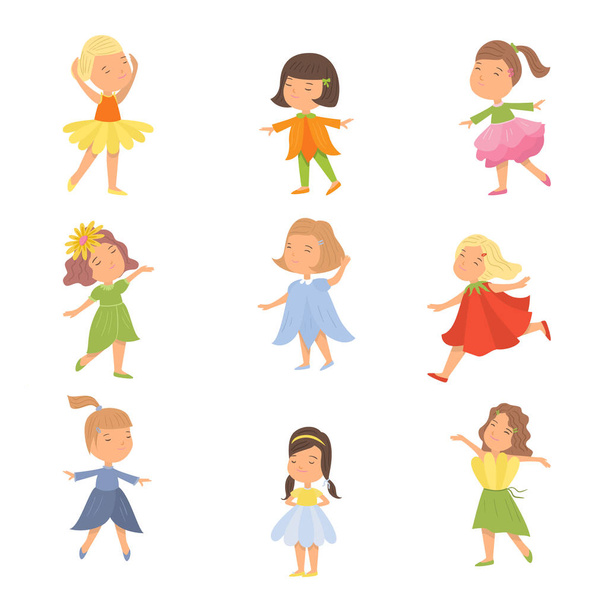 Set von niedlichen glücklichen Kindern Mädchen in Blumenkleidern - Vektor, Bild