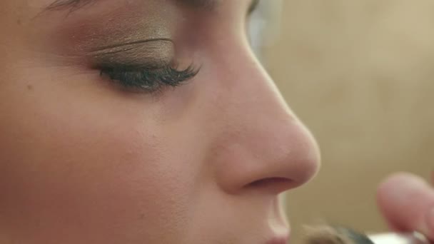 Professional makeup, application of powder on the noce - Кадри, відео