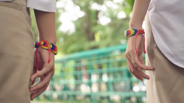 Cámara lenta Primer plano de la feliz pareja de lesbianas cogidas de la mano, concepto de amor LGBT
 - Metraje, vídeo