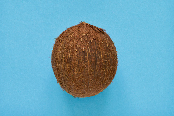 Owoce tropikalne kokosowe. Cały kokosowy na niebieskim tle. Kopiuj przestrzeń, widok z góry. - Zdjęcie, obraz