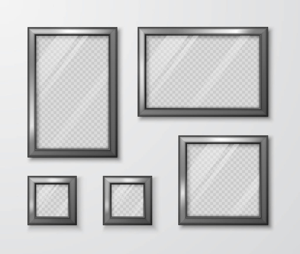 Colección de marcos de fotos en la pared gris. Plantilla moderna de marco vacío con vidrio transparente y sombra. Ilustración vectorial
  - Vector, Imagen
