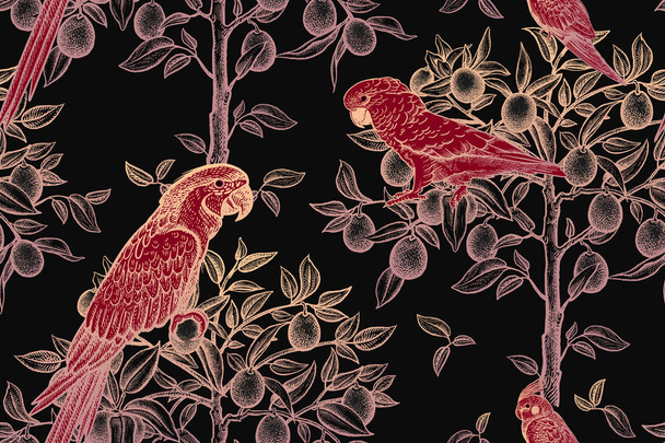 Gold trees and red parrots on a black background. Seamless patte - Vektor, Bild