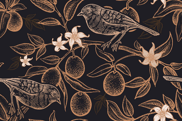 Seamless pattern with plants and birds. Bird on a branch of citr - Wektor, obraz