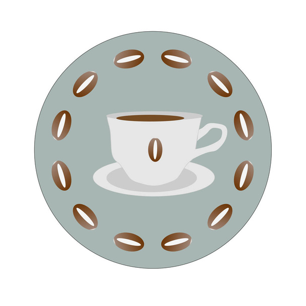 Icon of a hot Cup of coffee in a circle of coffee beans - Вектор,изображение