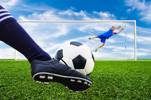 foot shooting soccer ball to goal, penalty - Foto, afbeelding