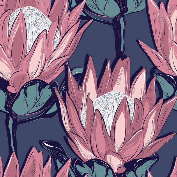 Protea seamless pattern design. Hand-drawn flower sketch. Botanical drawing, foliage background. Design  for wedding, invitation, web, banner, card, pattern, wallpaper vector illustration.  - Vetor, Imagem
