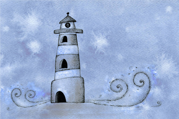 Seascape with a lighthouse, waves and night sky. Watercolor and graphics. For the design of the background, template, invitations, greetings, postcards, banner, cover, wall. - Photo, Image