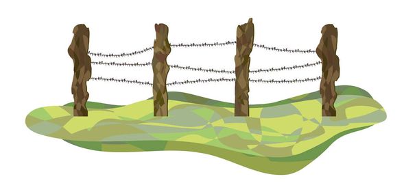 Holzzaun mit Metalldraht dazwischen auf Gras. Vektorillustration - Vektor, Bild