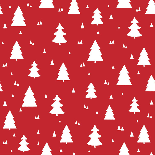 Σκανδιναβικό χριστουγεννιάτικο σχέδιο. Διάνυσμα κόκκινο φόντο με λευκό χέρι που ζωγραφίσθηκε χριστουγεννιάτικα δέντρα - Διάνυσμα, εικόνα