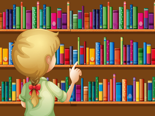 ein Mädchen bei der Auswahl von Büchern - Vektor, Bild