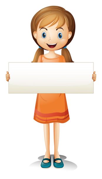 ein Mädchen mit orangefarbenem Kleid hält ein leeres Banner - Vektor, Bild