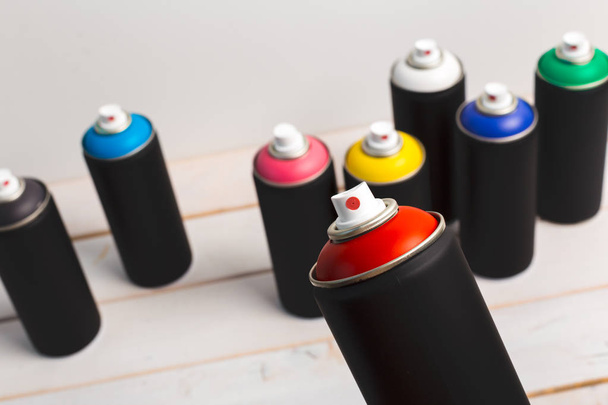 Spray paint cans close up - Foto, Imagen