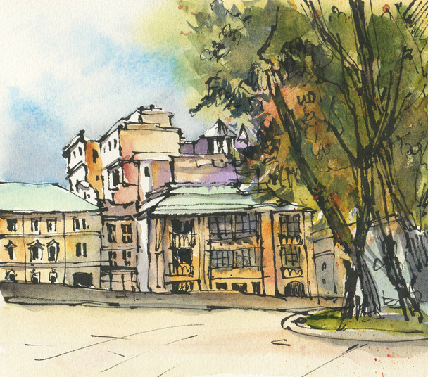 City landscape.  Sketch ink and watercolor. Hand-drawn illustration. - Photo, Image