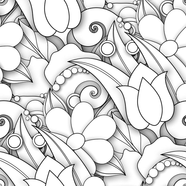 Monochrome Seamless Pattern with Floral Motifs - Vector, Image