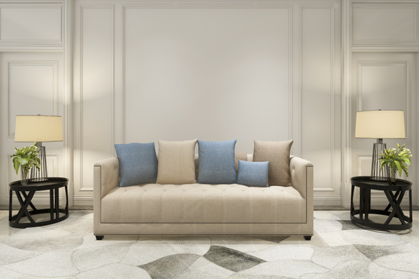 3d representación maqueta de decoración de madera en la sala de estar con sofá de estilo clásico
 - Foto, imagen