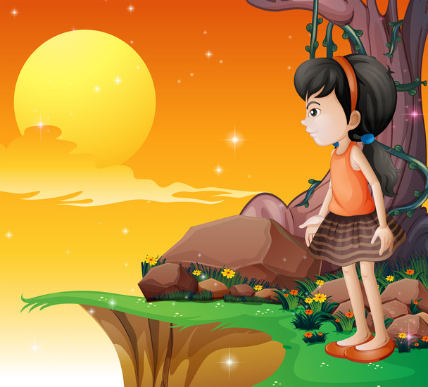 A young girl watching the fullmoon at the cliff - Vector, Image