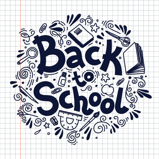 Back to school circle composition on plaid background. Doodle style vector illustration - Vector, Image
