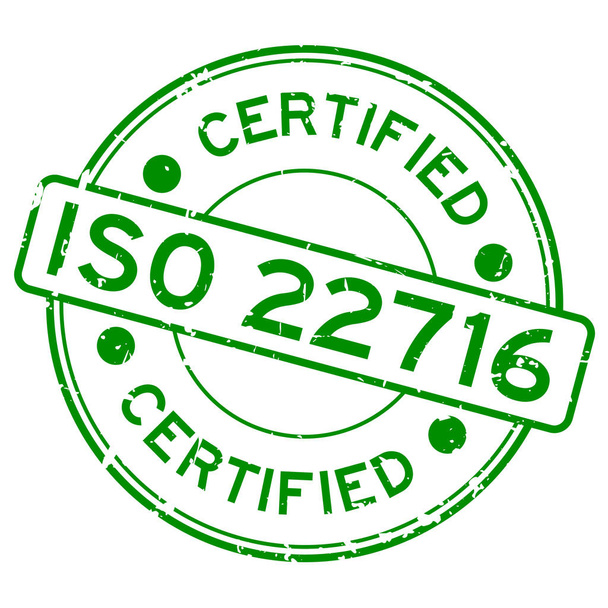 Grunge verde ISO 22716 certificato parola rotondo timbro guarnizione di gomma su sfondo bianco
 - Vettoriali, immagini