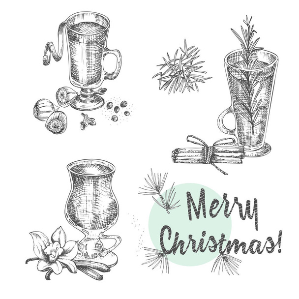 Handgezeichnetes Weihnachts-Winter-Gewürzmuster und Gläser mit traditionell heißen Wintergetränken. Glühwein, Eierlikör, Grog, Apfelwein, Schokolade. gute Idee für Menüvorlagen, Rezepte, Grußkarten - Vektor, Bild
