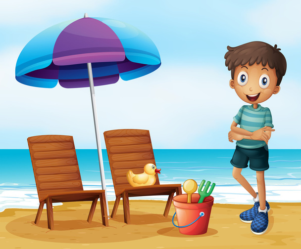 ένα νεαρό αγόρι στην παραλία κοντά τις ξύλινες καρέκλες - Διάνυσμα, εικόνα