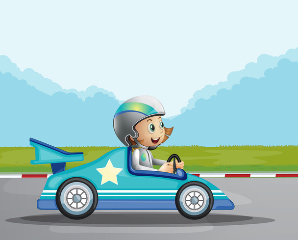 A happy girl in her blue racing car - Vector, Image