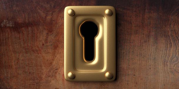Gold keyhole, wood background, banner. 3d illustration - Photo, Image