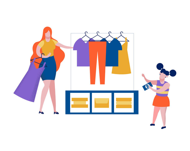 Little Girl in Shop Choose Dress, Shopping, Store - Vecteur, image