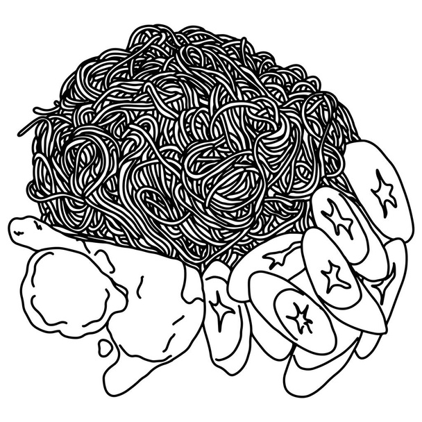 鶏肉と野菜のスパゲッティベクトルイラストスケッチ落書き手は白い背景に隔離された黒い線で描かれた - ベクター画像