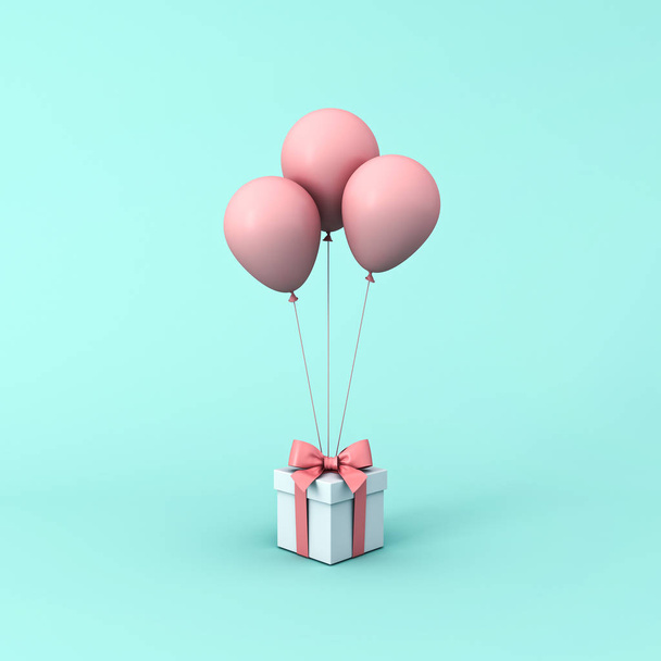 Gift box or present box with pink pastel color balloons isolated on light green blue pastel color background with shadow 3D rendering - Fotografie, Obrázek