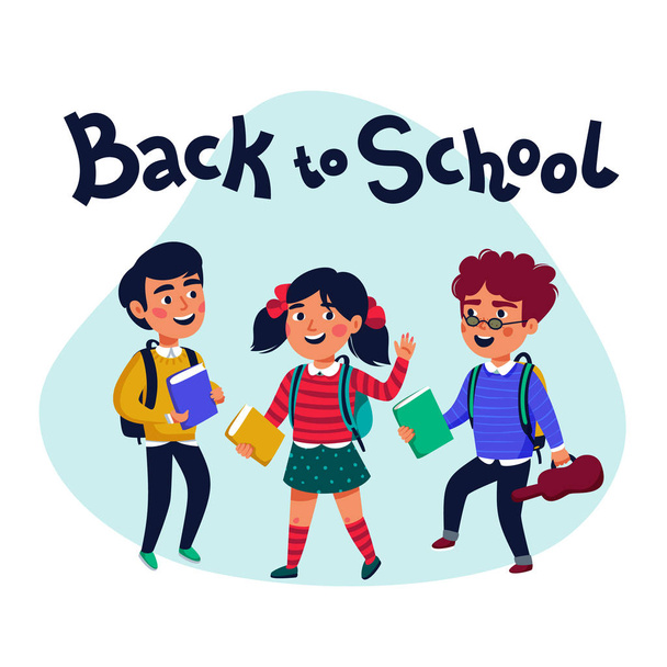 Back to school vector banner design with colorful funny school characters a, education items and space for text in a background. Vector illustration. - Vector, Image