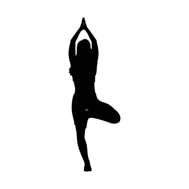 Silhouette girl yoga meditation balance pose exercise - Wektor, obraz